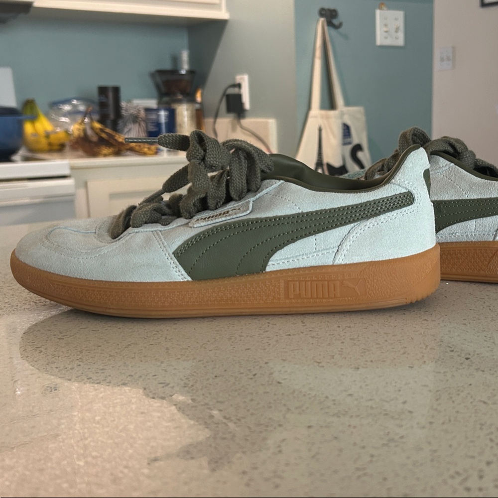 Puma White and Olive Sneakers with Gum Sole